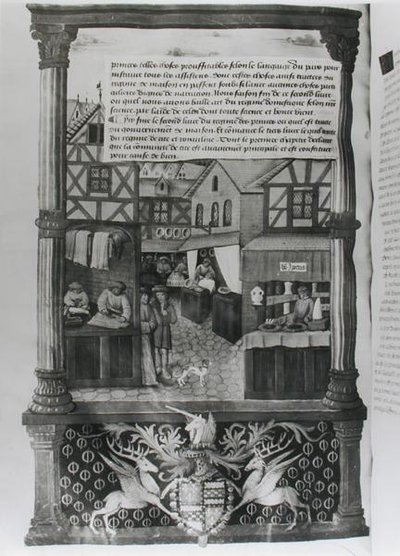 Ms 5062 fol.149v En gade med butikker og våbenskjoldet af Robert Stuart, Marechal dAubigny Lucrece, fra Livre de Gouvernement des Princes af Gilles de Rome af French School